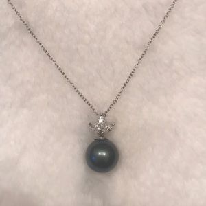 Simulated Tahitian pearl and diamond necklace